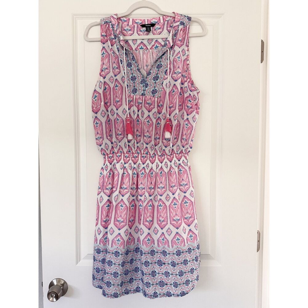 Hatley Sleeveless Dress Women L Pink Blue Boho Tassel Tie Waist Lined Summer
